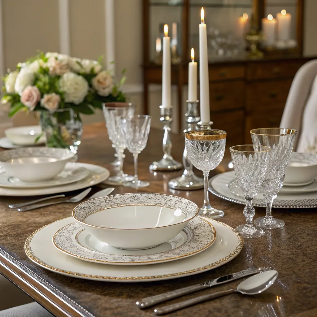 Elegant dinnerware set on a dining table